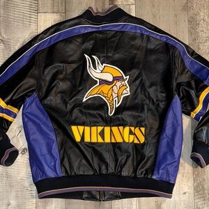 Vikings Black and Purple Leather Jacket-CARL BANKS-Vintage- size XL